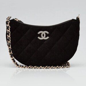 Chanel Black Quilted Velvet Crystal Chain Hobo Bag